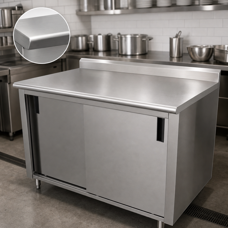Product image #3 for Advance Tabco 108 Inch W x 36 Inch D Enclosed Work Table with Cabinet Base, Mid-Shelf, Sliding Doors, and 1-1/2 Inch Rear Up-Turn
