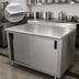 Thumbnail image #3 for Advance Tabco 108 Inch W x 36 Inch D Enclosed Work Table with Cabinet Base, Mid-Shelf, Sliding Doors, and 1-1/2 Inch Rear Up-Turn