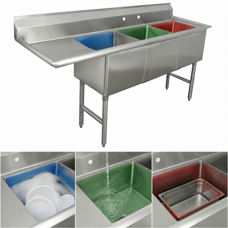 Product image #3 for Advance Tabco 3-Compartment Fabricated Sink with 24-Inch Left Drainboard, 24 x 24 x 14-Inch Bowls