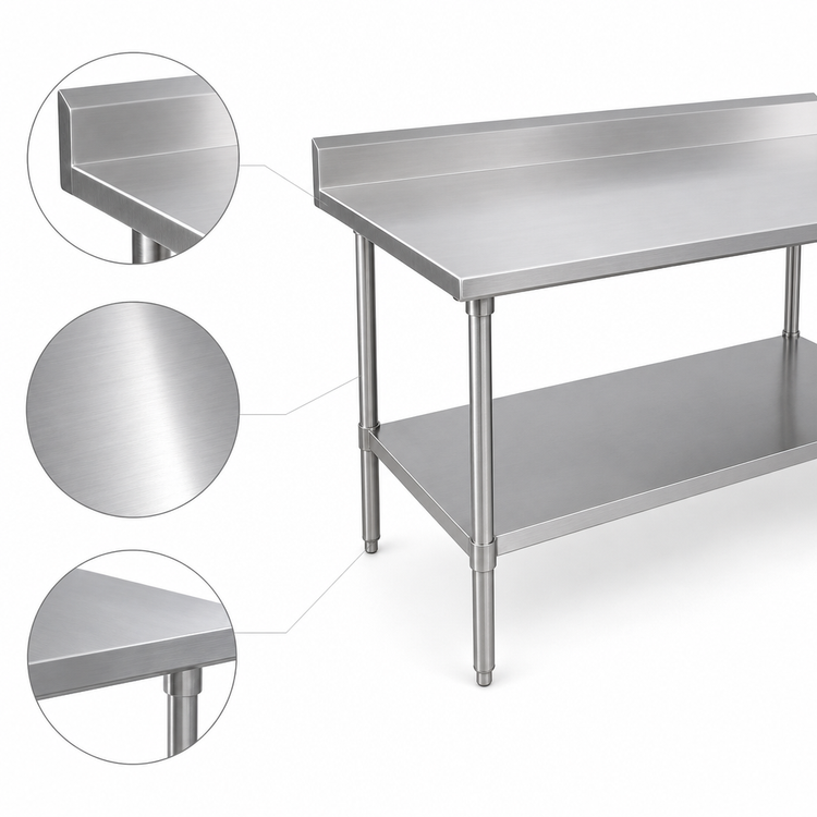 Product image #3 for John Boos Stallion 108" x 36" 16-Gauge 300 Series Stainless Steel Work Table with 5" Backsplash and Adjustable Undershelf
