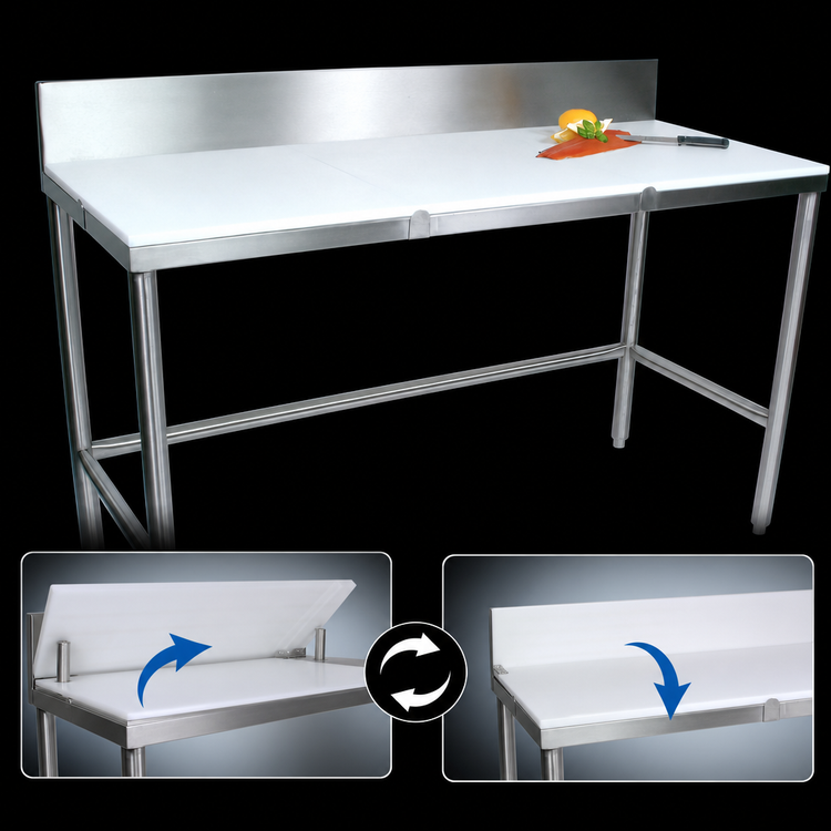 Product image #3 for John Boos 120" x 36" Reversible Poly Top Trimming Table with 6" Removable Backsplash and Stainless Steel Legs