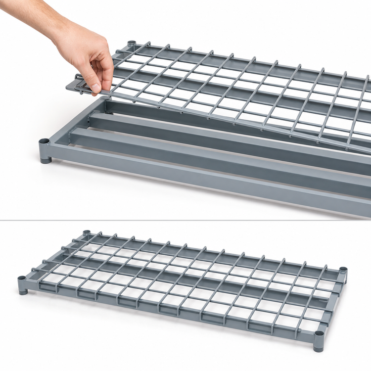 Product image #3 for Quantum 42" x 18" Gray Epoxy Antimicrobial Dunnage Shelf with Removable Wire Top Mat