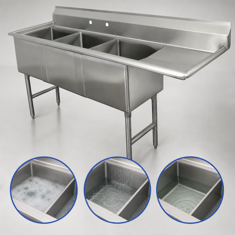 Product image #3 for Advance Tabco 3-Compartment Fabricated Sink with 18-Inch Right Drainboard, 18 x 24 x 14-Inch Bowls, 16-Gauge 304 Stainless Steel
