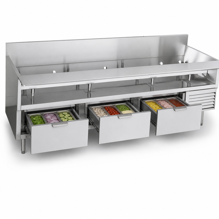 Product image #3 for La Rosa Refrigerated Equipment Stand/Base with 3 Drawers, 90 Inch Wide, Side-Mounted Self-Contained Refrigeration