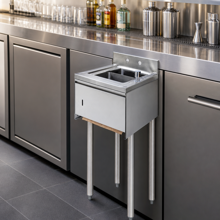 Product image #3 for BK Resources Slimline Underbar Dump Sink, 1 Compartment, 12-1/2 Inch Wide, 304 Stainless Steel, with Faucet and Accessories