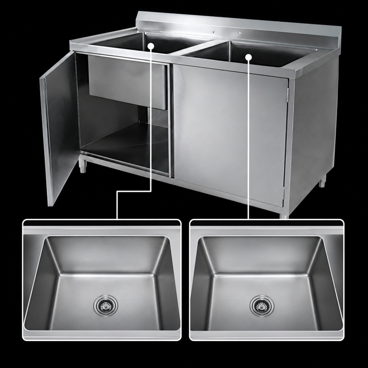 Product image #3 for Klinger's Trading 60-Inch Two-Compartment Cabinet Base Stainless Steel Sink with Hinged Doors