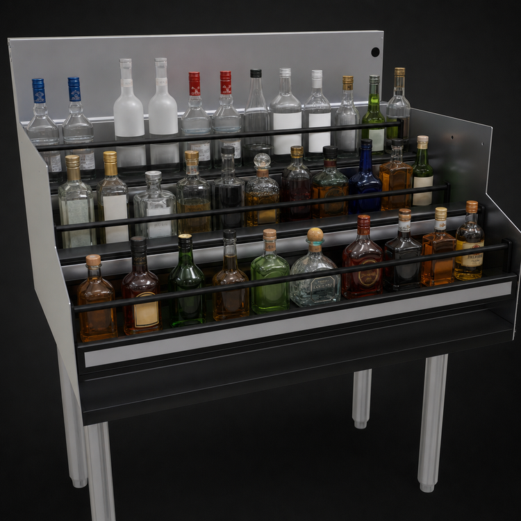 Product image #3 for Glastender Free-Standing Underbar Liquor Steps, 36 Inch W x 24 Inch D, 4-Step Stainless Steel Display