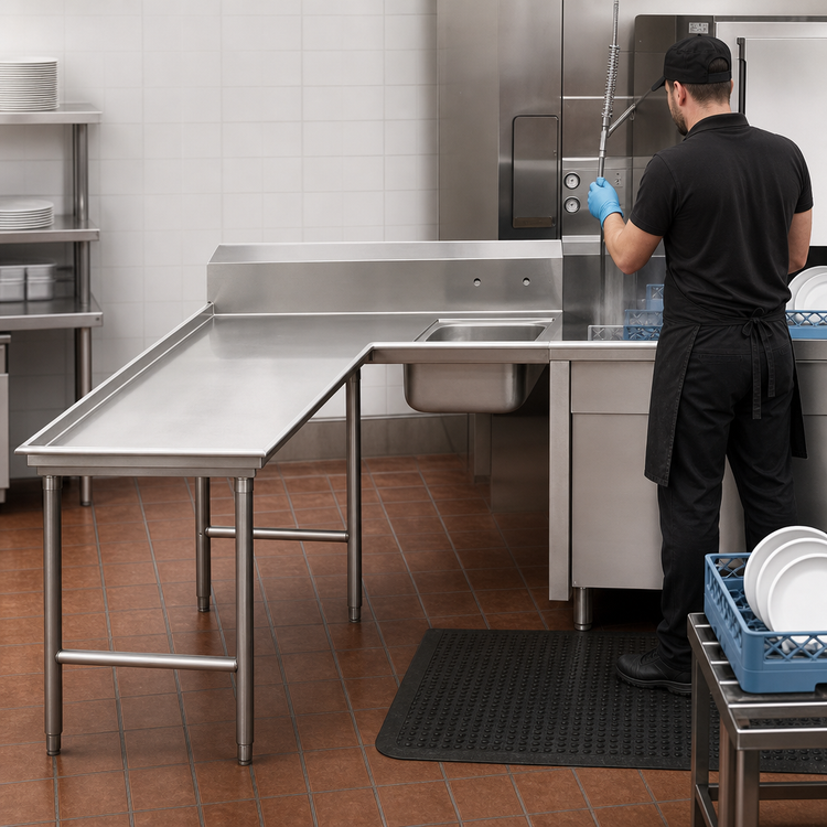 Product image #3 for Advance Tabco L-Shaped Island Soil Dishtable, Left-Hand, 107 Inch, 304 Stainless Steel, with Pre-Rinse Sink