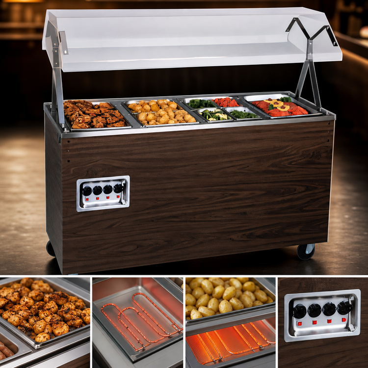 Product image #3 for Vollrath 2-Series Affordable Portable 4-Well Mobile Hot Food Station with Buffet Breath Guard and Lights, Cherry Woodgrain, 120V