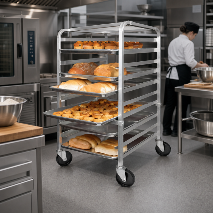 Product image #3 for Mobile Aluminum Sheet Pan Rack, 10 Full-Size or 20 Half-Size Pan Capacity, 400 lb, Fixed Slides