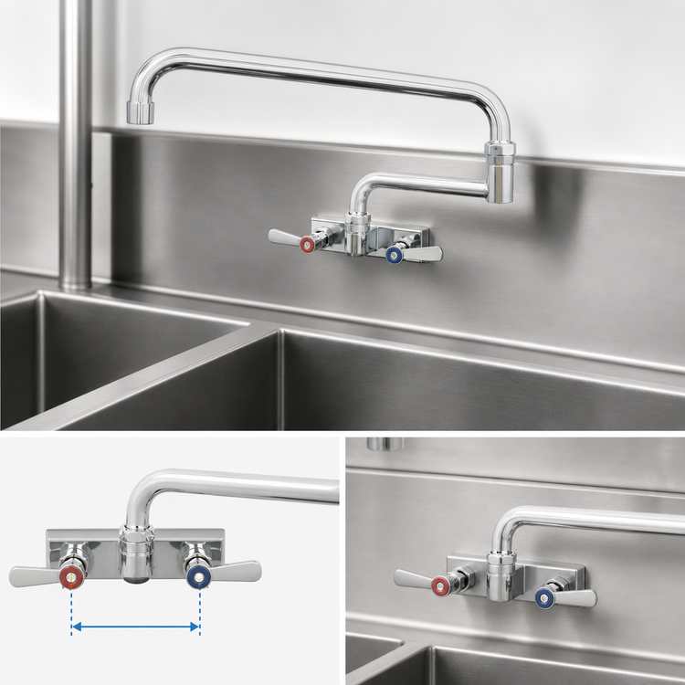 Product image #3 for BK Resources Evolution Splash-Mounted Pre-Rinse Faucet with 18-Inch Double Joint Swing Spout, 4-Inch Centers