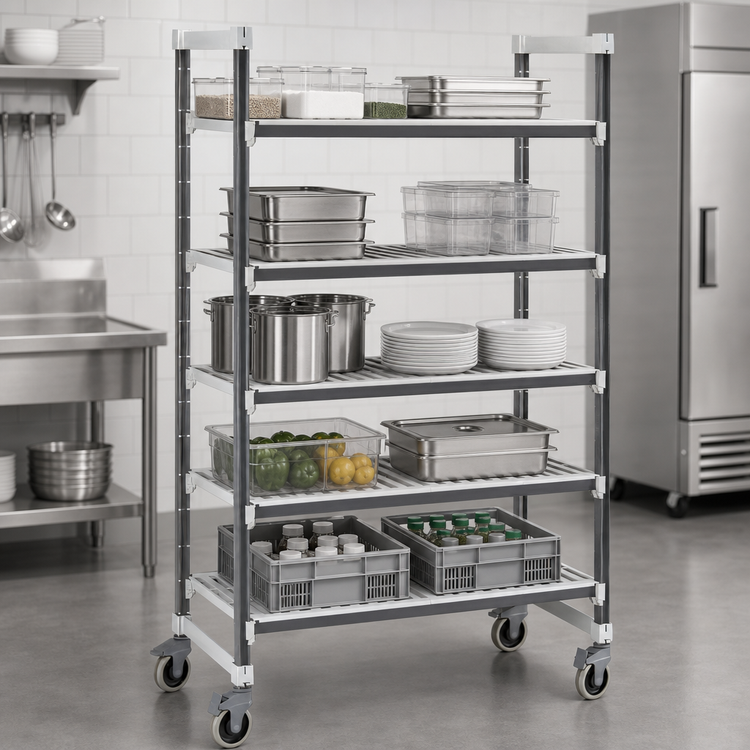 Product image #3 for Cambro Camshelving Elements XTRA 5-Tier Mobile Starter Unit, 18" x 54" x 78-1/4", Speckled Gray