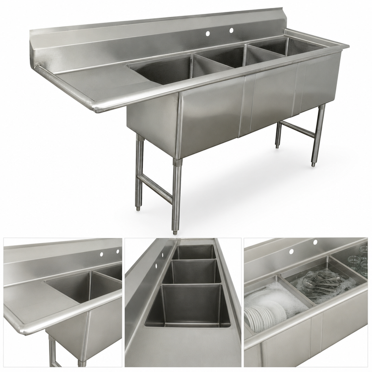 Product image #3 for Advance Tabco FC-3-1824-18L 3-Compartment Fabricated Sink with 18-Inch Left Drainboard