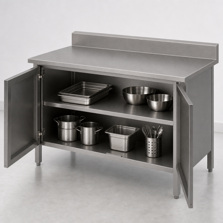 Product image #3 for John Boos 84-Inch x 24-Inch Stainless Steel Enclosed Work Table with Hinged Doors and 5-Inch Backsplash