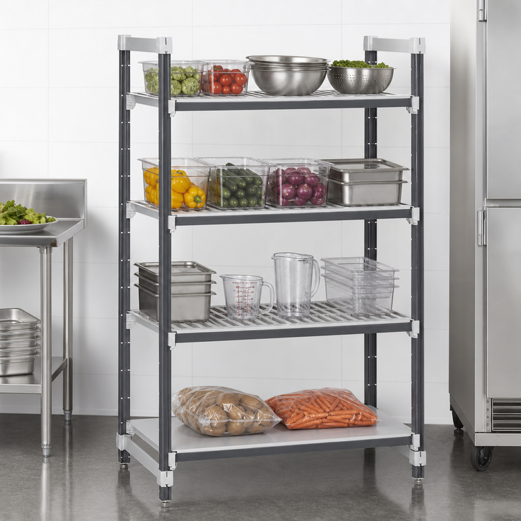 Product image #3 for Camshelving Elements XTRA 4-Tier Stationary Starter Polymer Shelving Unit, 54" W x 18" D x 64" H, 3 Vented + 1 Solid