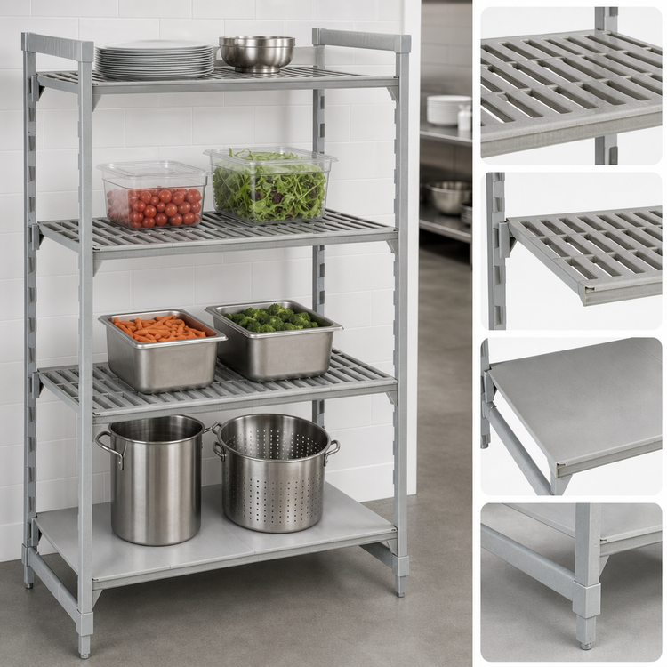 Product image #4 for Cambro Camshelving Premium 4-Tier Stationary Starter Unit, 54 x 21 x 72 Inches, 3 Vented + 1 Solid Shelf Plates, Speckled Gray