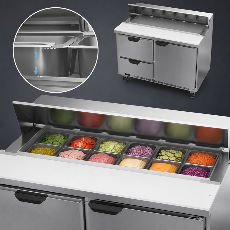 Product image #4 for Beverage-Air SPED48HC-12-2 48-Inch 2-Section Sandwich Prep Table with 1 Door, 2 Drawers and 12-Pan Top