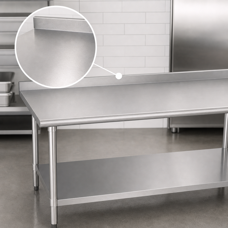 Product image #3 for Duke 108-Inch x 30-Inch 16-Gauge Stainless Steel Work Table with 1-1/8-Inch Straight Riser and Undershelf