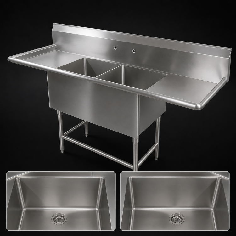 Product image #3 for John Boos Pro-Bowl 2-Compartment Sink with Left and Right Drainboards, 30" x 24" Bowls, 14" Deep, Stainless Steel, 123-1/4" W