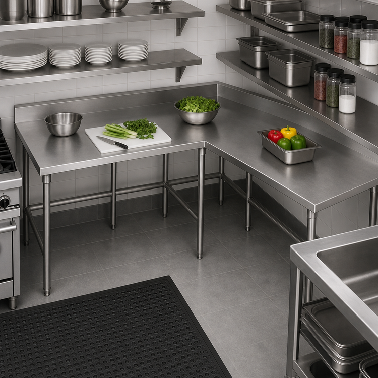 Product image #3 for Advance Tabco L-Shaped Corner Stainless Steel Work Table, 144 x 60 Inches, 30-Inch Deep, 14-Gauge 304 Top, 5-Inch Backsplash
