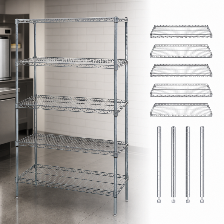 Product image #3 for Quantum 60"W x 18"D x 63"H Stationary Wire Shelving Starter Kit, Chrome Plated, 5 Shelves