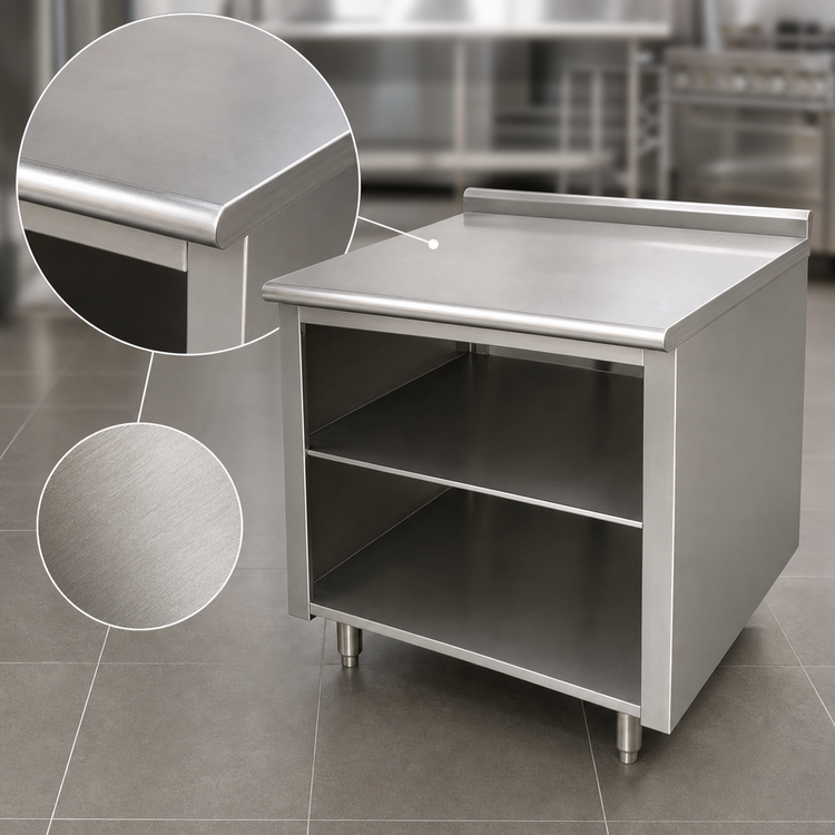 Product image #3 for Advance Tabco Underbar Stainless Steel Work Table with Open Front Cabinet Base and Mid-Shelf, 120 x 36 Inches, 14 Gauge 304 Stainless Steel Top