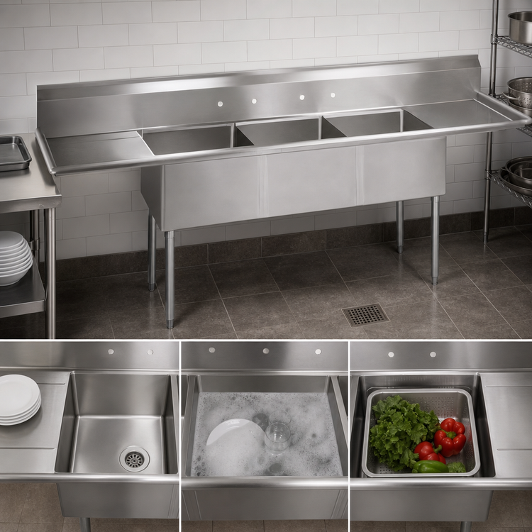 Product image #3 for BK Resources 120-Inch Wide Three-Compartment 304 Stainless Steel Sink with Left and Right Drainboards and 9-Inch Backsplash