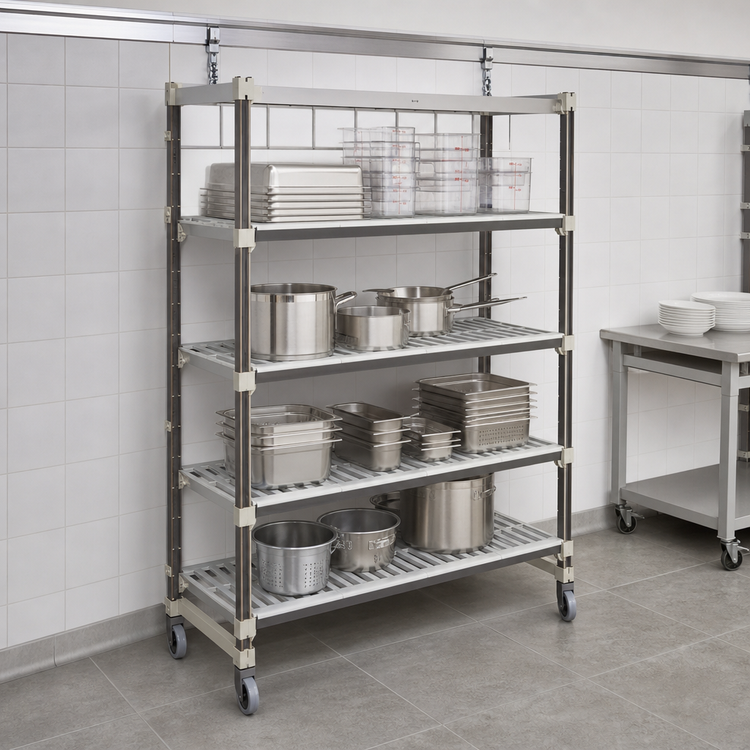 Product image #3 for Cambro Camshelving Elements XTRA 24"D x 42"L x 80"H 4-Shelf Vented High-Density Top Rail Mobile Starter Unit