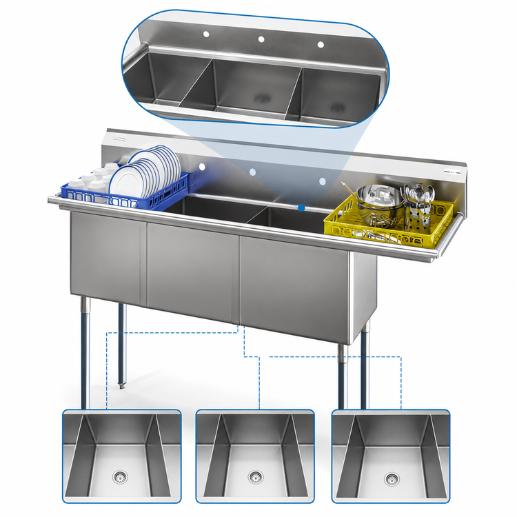 Product image #4 for KoolMore 3-Compartment Commercial Floor Model Stainless Steel Sink with Right-Hand Drainboard and Backsplash, 63 Inch