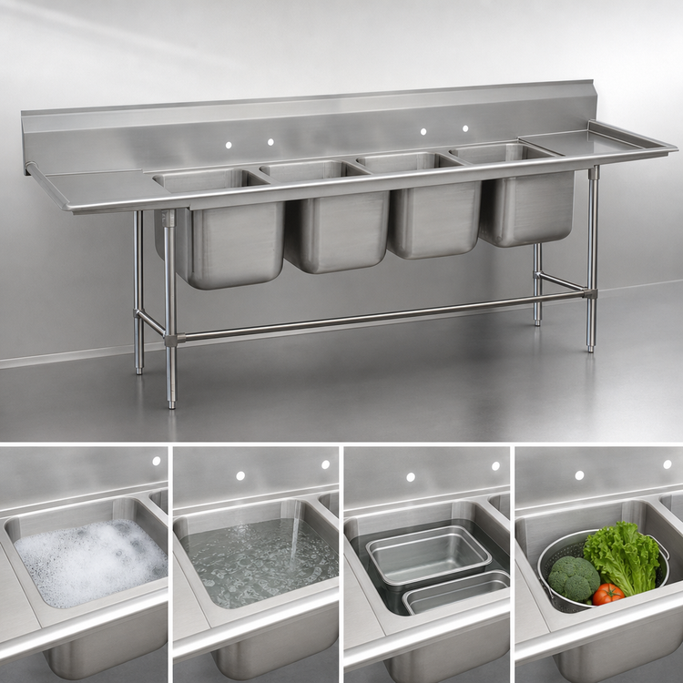 Product image #3 for Advance Tabco Regaline 4-Compartment Sink with Left and Right Drainboards, 123-1/2 Inch, 14 Gauge 304 Stainless Steel
