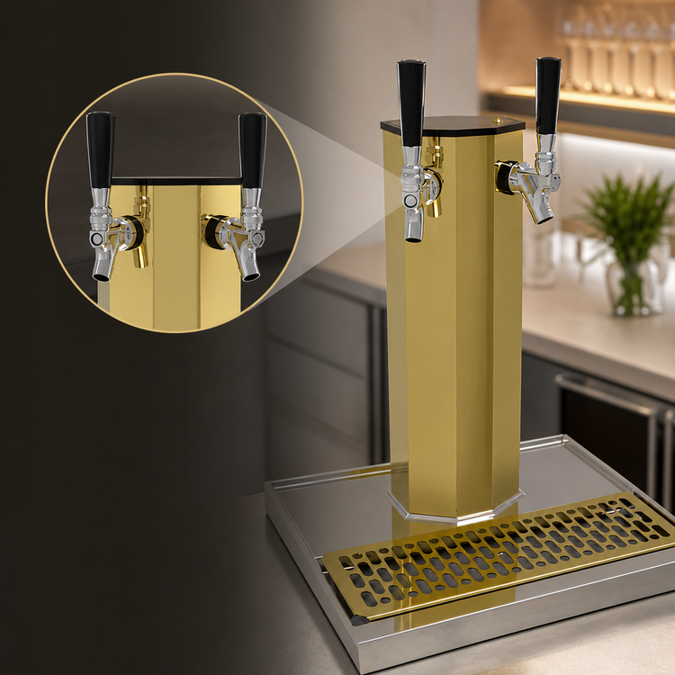 Product image #3 for Glastender Single-Column Countertop Air-Cooled Draft Dispensing Tower with 2 Faucets, Polished Brass Finish