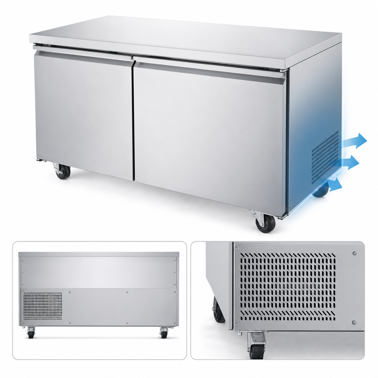 Product image #3 for Omcan 60-Inch Two-Door Undercounter Freezer, 15 Cu. Ft., Rear-Mount Self-Contained Refrigeration, Stainless Steel