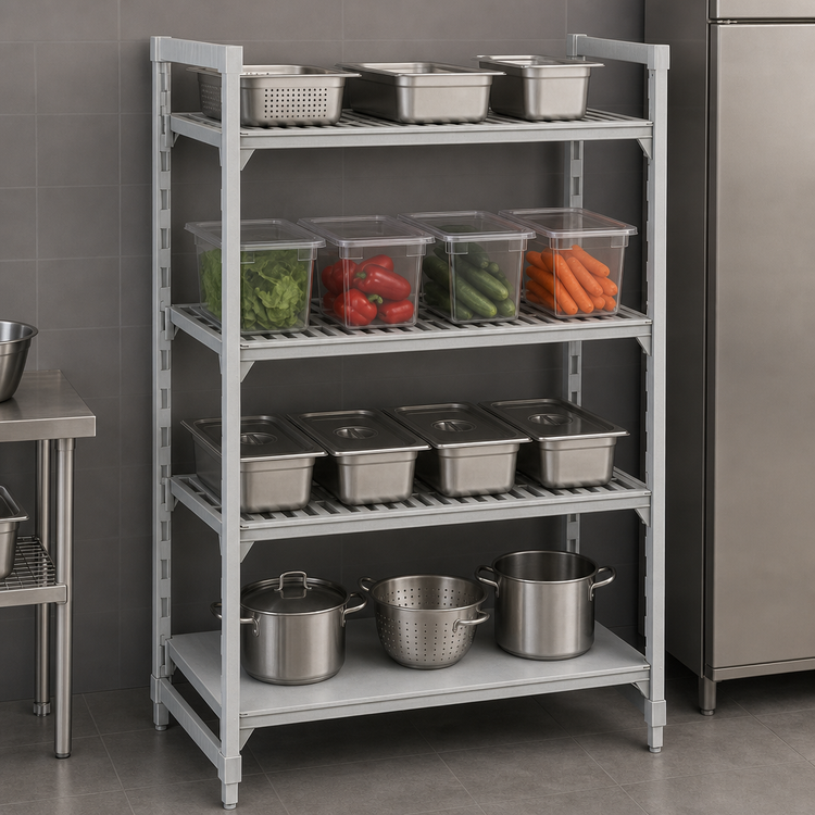 Product image #4 for Cambro Camshelving Premium 4-Shelf Stationary Starter Unit with 3 Vented Shelves and 1 Solid Shelf, 18" x 48" x 72", Speckled Gray