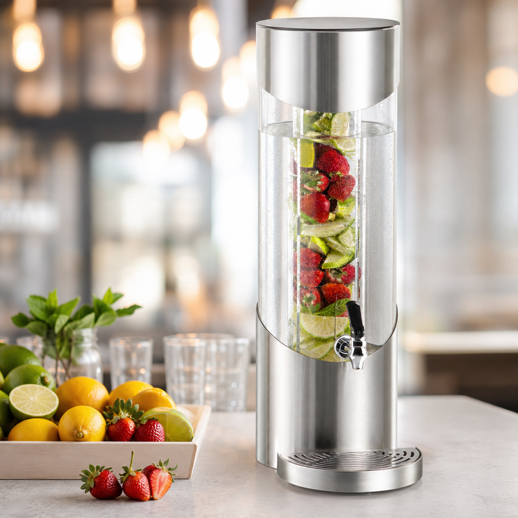 Product image #3 for Cal-Mil Round 3-Gallon Acrylic Beverage Dispenser with Infusion Chamber, Drip Tray, and Stainless Steel Base