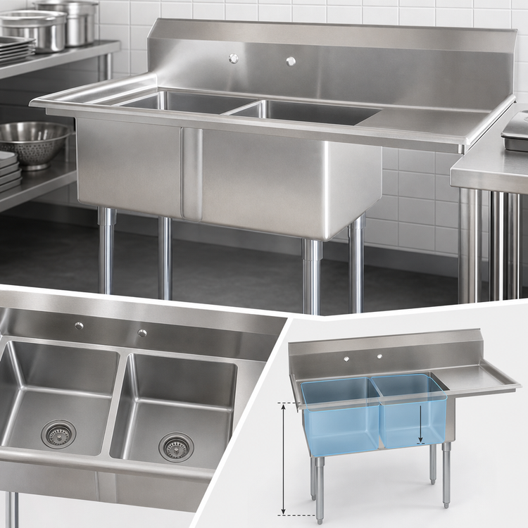 Product image #3 for Omcan 2-Compartment Pot Sink with Right-Hand Drainboard and 24 x 24 x 14 Inch Bowls, 304 Stainless Steel