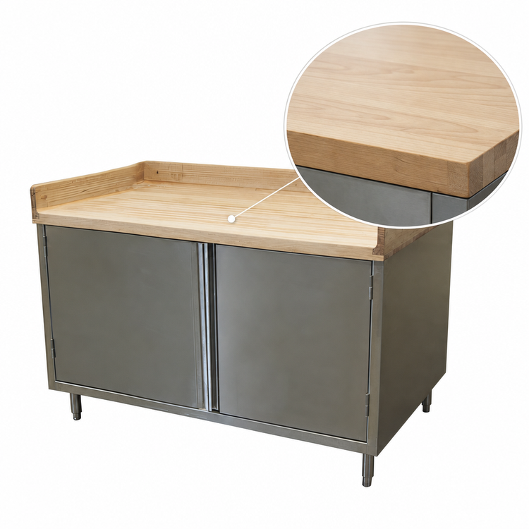 Product image #3 for BK Resources 60-Inch x 30-Inch Hard Maple Chef Table with Stainless Steel Cabinet Base and Hinged Doors