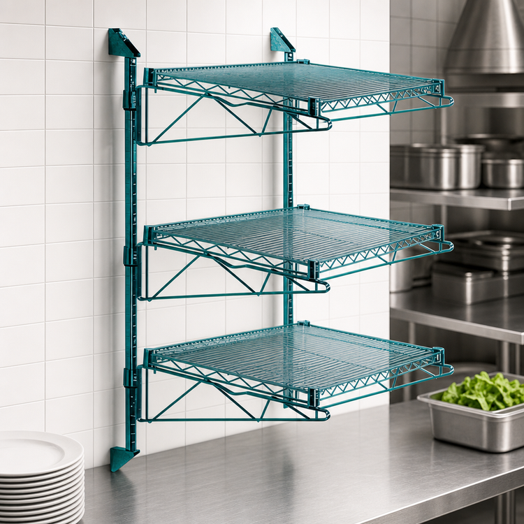Product image #3 for Wall-Mounted Cantilever Starter Shelving Unit with 3 Wire Shelves and Green Epoxy Antimicrobial Finish