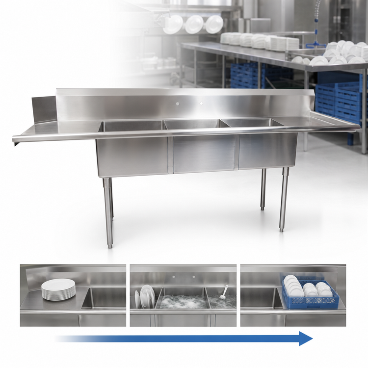 Product image #3 for Straight Soiled Dish Table with 3-Compartment Sink, 30-3/8 x 100 x 44 Inches, 18/304 Stainless Steel