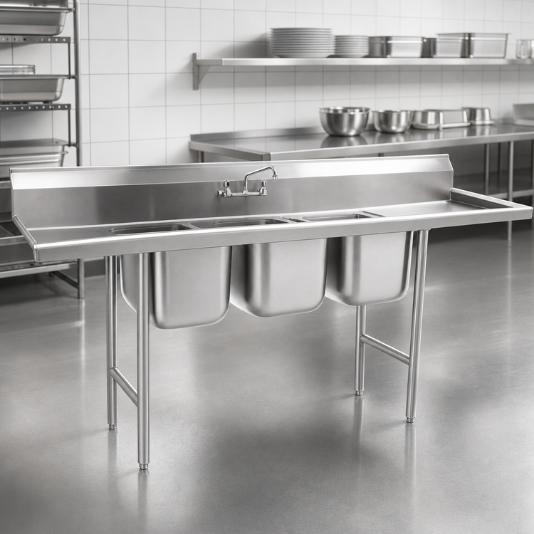 Product image #3 for Eagle Group 3-Compartment 304 Stainless Steel Sink with Right-Hand Drainboard, 80-3/8-Inch Wide