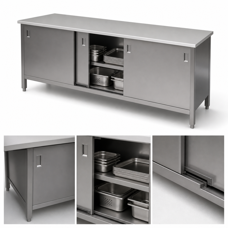 Product image #3 for John Boos Stainless Steel Enclosed Work Table with Sliding Door Cabinet Base, 144W x 30D, 16-Gauge Top