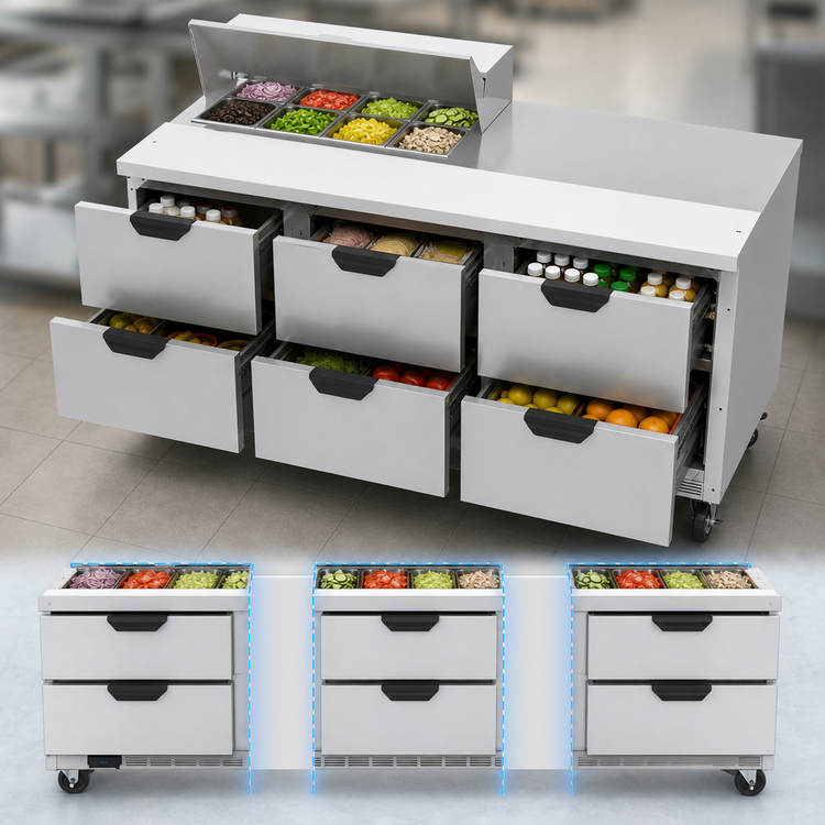 Product image #4 for Beverage-Air SPED72HC-08-6 72-Inch Three-Section Sandwich Top Refrigerated Prep Table with 6 Drawers and 8-Pan Opening