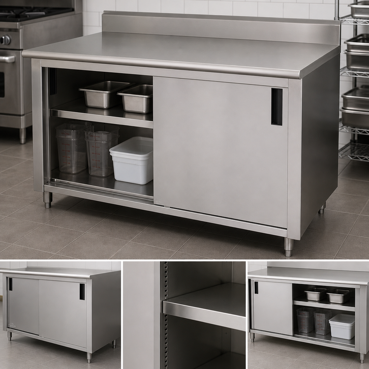 Product image #3 for Advance Tabco 72" x 24" Enclosed Work Table with Cabinet Base, Mid-Shelf, Sliding Doors, 14-Gauge 304 Stainless Steel Top, and 5" Backsplash