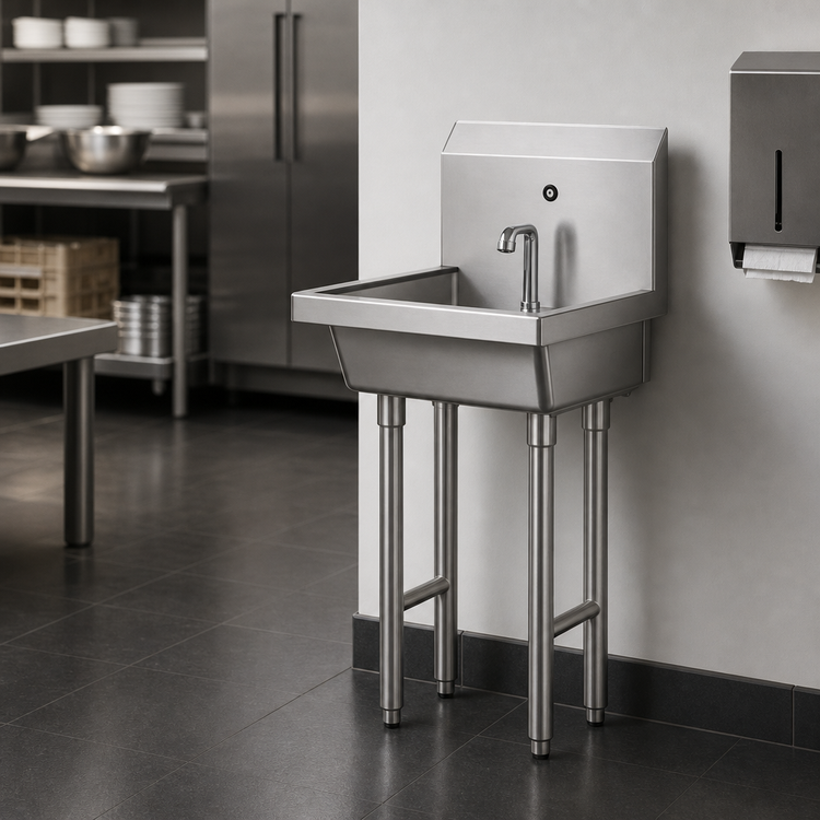 Product image #3 for BK Resources Single Station Freestanding Stainless Steel Handwash Sink, 24-Inch, Faucet Hole, Basket Drain