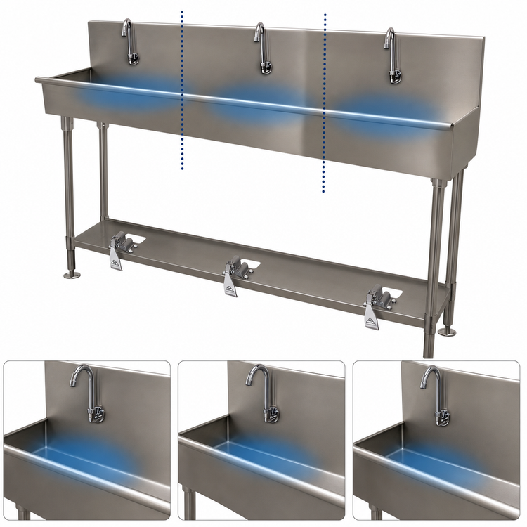 Product image #3 for Advance Tabco 3-Station 72-Inch Floor-Mounted Multiwash Hand Sink with Toe-Push Valves and Gooseneck Spouts