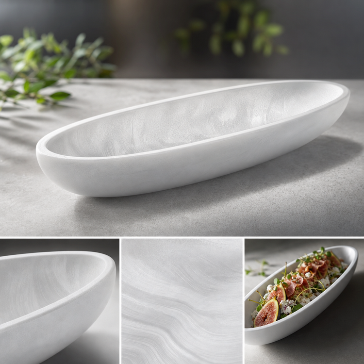 Product image #3 for American Metalcraft Translucence Collection Medium Oblong Resin Boat Bowl, 47.5 oz., White Swirl