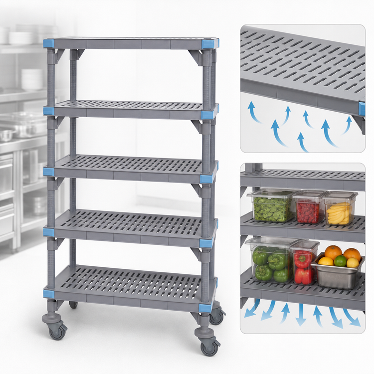 Product image #3 for Millenia Mobile Polymer Shelving Unit with 5 Open Grid Shelves, 36 x 18 x 74 Inches