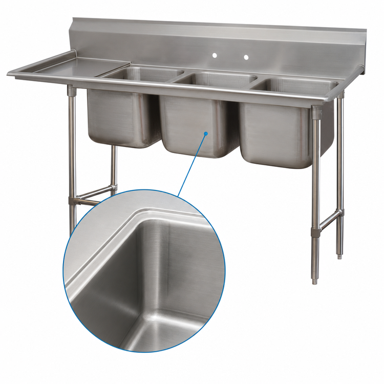 Product image #3 for Advance Tabco Regaline Deep Drawn 3-Compartment Sink with Left-Hand Drainboard, 36-Inch Drainboard, 14-Gauge 304 Stainless Steel
