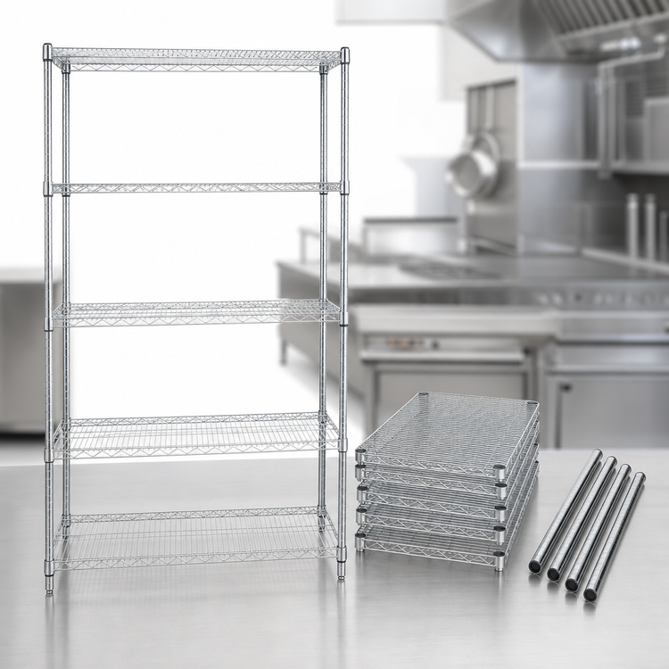 Product image #3 for Quantum 5-Shelf Stationary Wire Shelving Starter Kit, 54"W x 18"D x 54"H, 304 Stainless Steel, 600-800 lb. Capacity