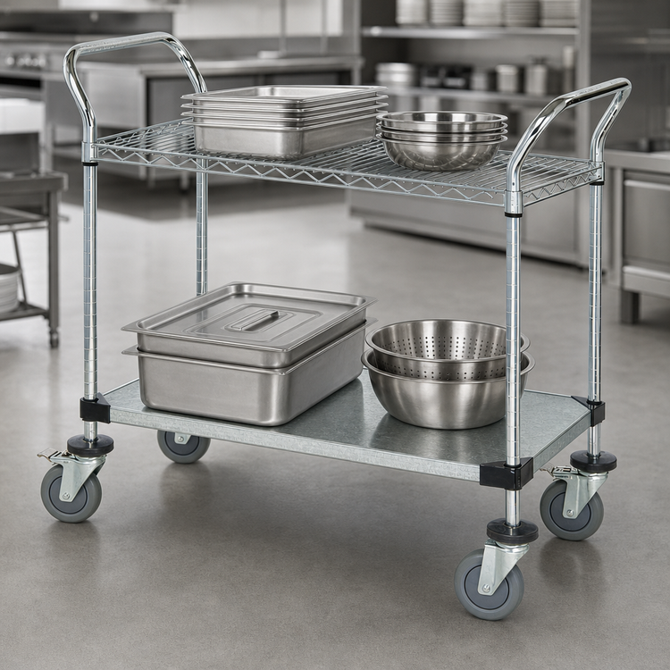 Product image #3 for Quantum WRC-2160-2CG 60-Inch Two-Shelf Utility Bus Cart with Chrome-Plated Wire and Galvanized Solid Shelves