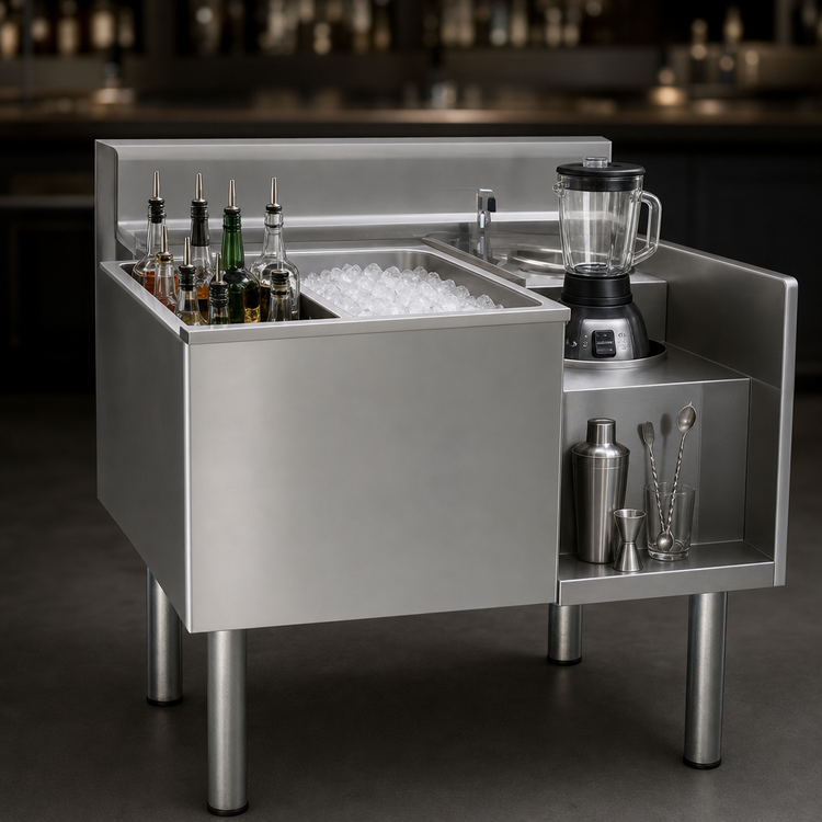 Product image #3 for Eagle Group 2200 Series Underbar Ice Bin/Cocktail Station with Left 8-Bottle Well, Center Ice Bin, and Right Blender Recess